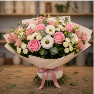 Buchet de flori speciale alb roz cu trandafiri si santini - poza 3