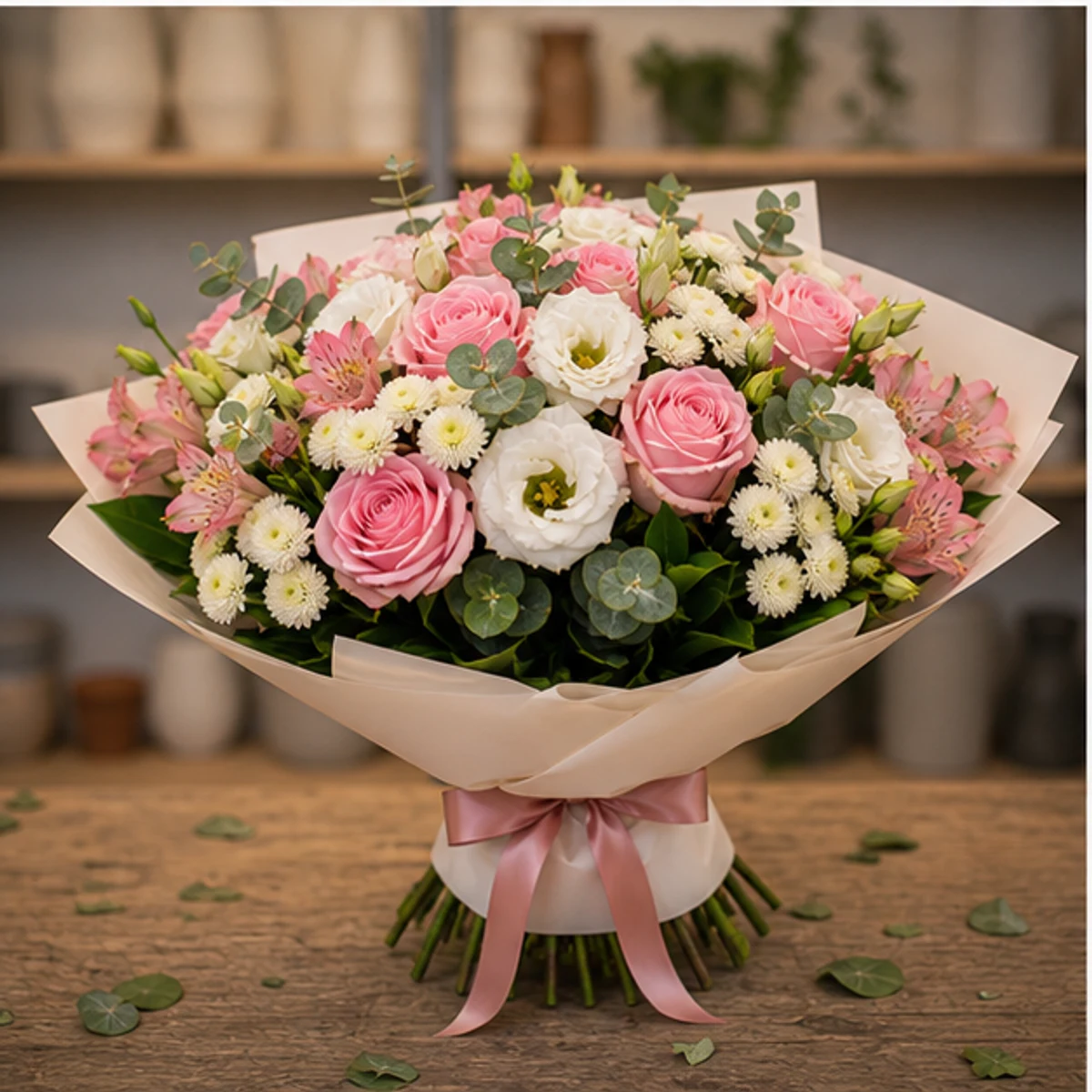 Buchet de flori speciale alb roz cu trandafiri si santini - poza 3