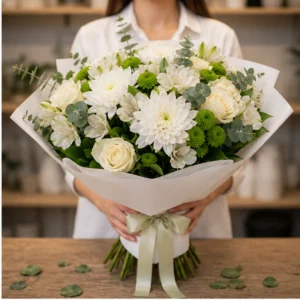 Buchet de flori speciale alb verde cu crizanteme - poza 2