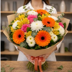 Buchet de flori speciale colorat cu gerbera si crizanteme - poza 2