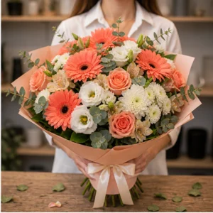 Buchet de flori speciale coral cu gerbera si lisianthus - poza 2