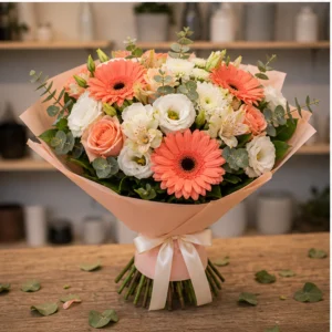 Buchet de flori speciale coral cu gerbera si lisianthus - poza 3