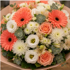 Buchet de flori speciale coral cu gerbera si lisianthus - poza 4