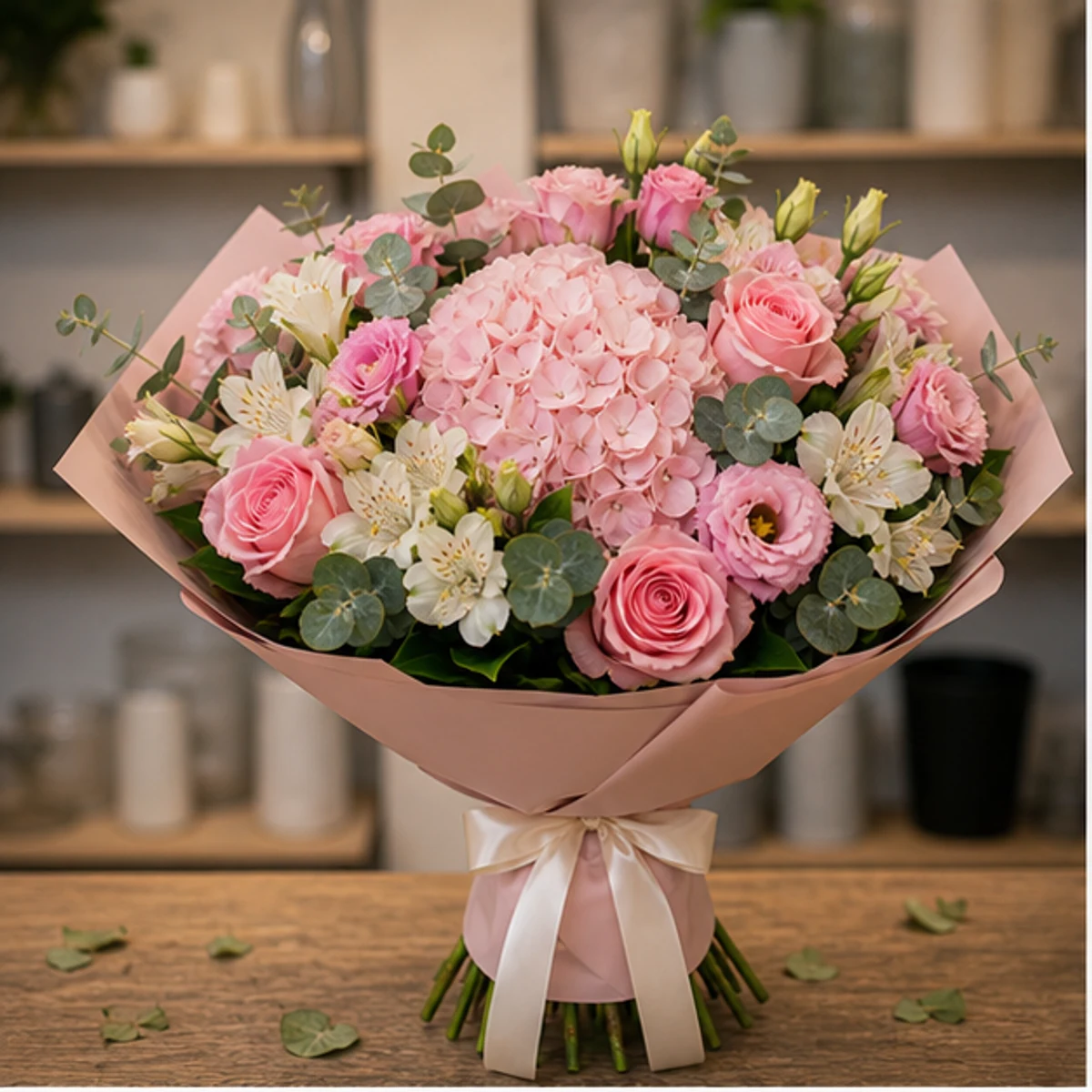 Buchet de flori speciale de lux roz cu hortensie si lisianthus - poza 1