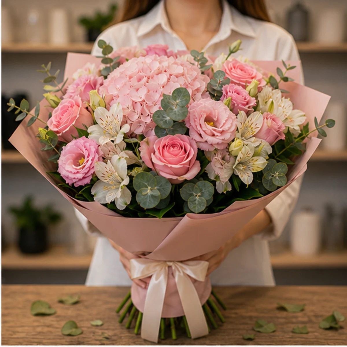 Buchet de flori speciale de lux roz cu hortensie si lisianthus - poza 2
