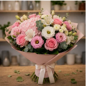 Buchet de flori speciale de lux roz cu hortensie si lisianthus - poza 3