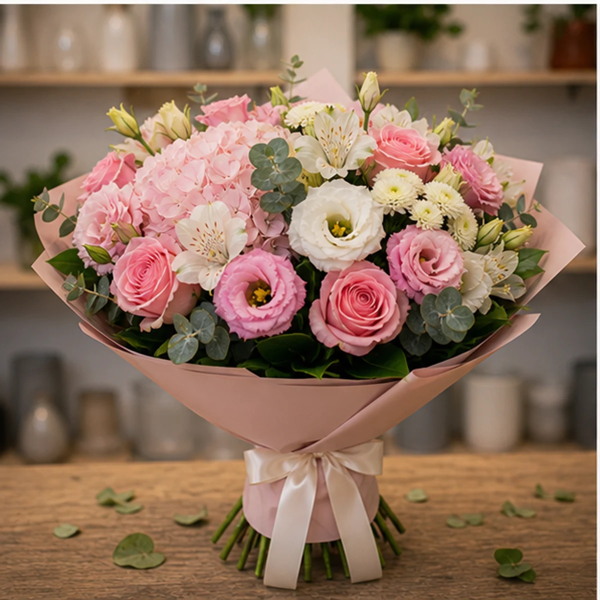 Buchet de flori speciale de lux roz cu hortensie si lisianthus - poza 3