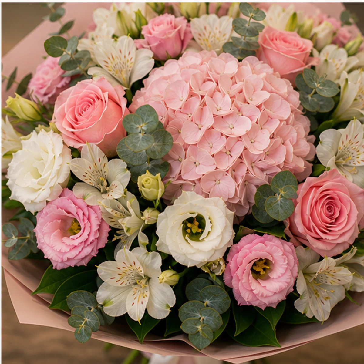 Buchet de flori speciale de lux roz cu hortensie si lisianthus - poza 4