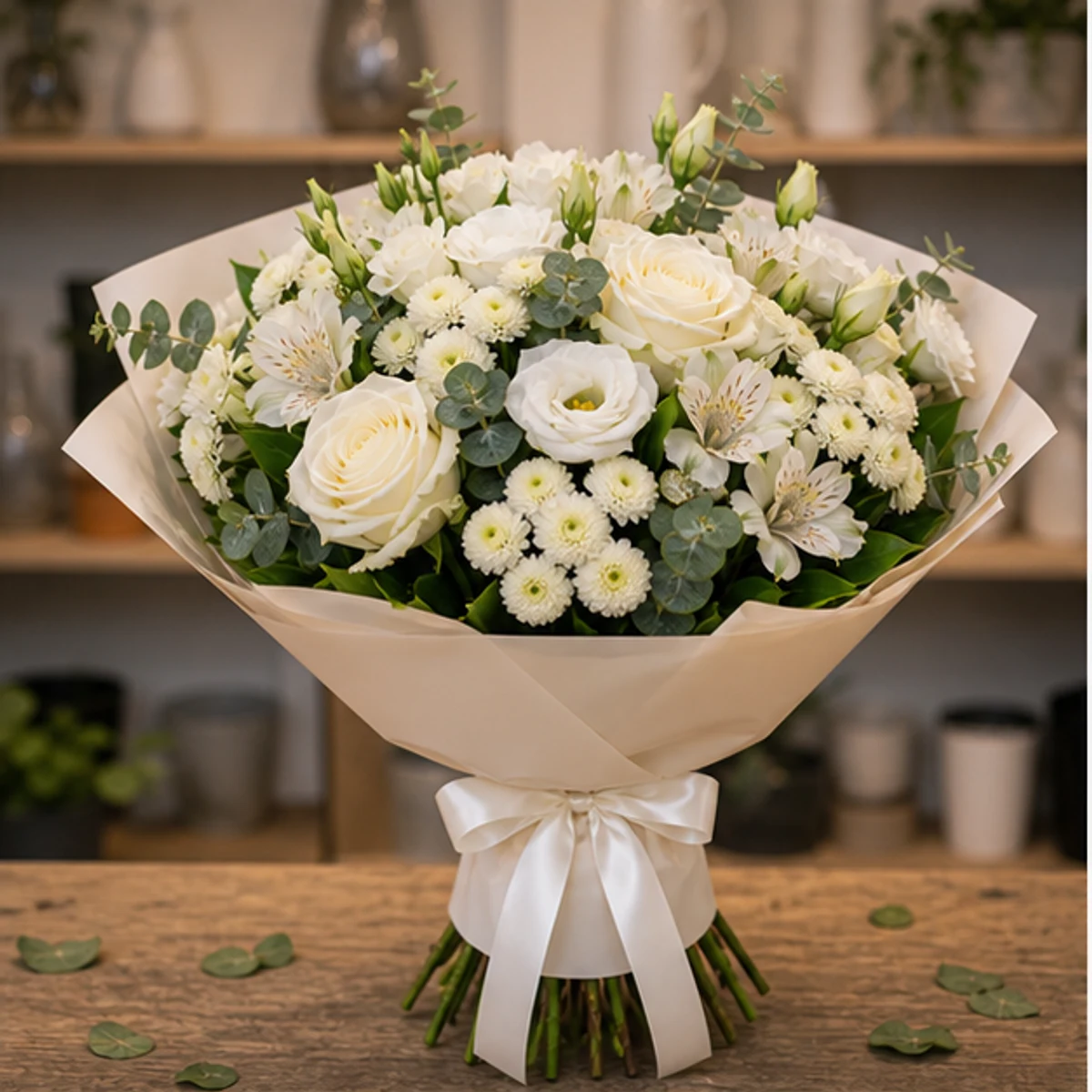Buchet de flori speciale elegant cu trandafiri albi - poza 1