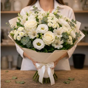 Buchet de flori speciale elegant cu trandafiri albi - poza 2