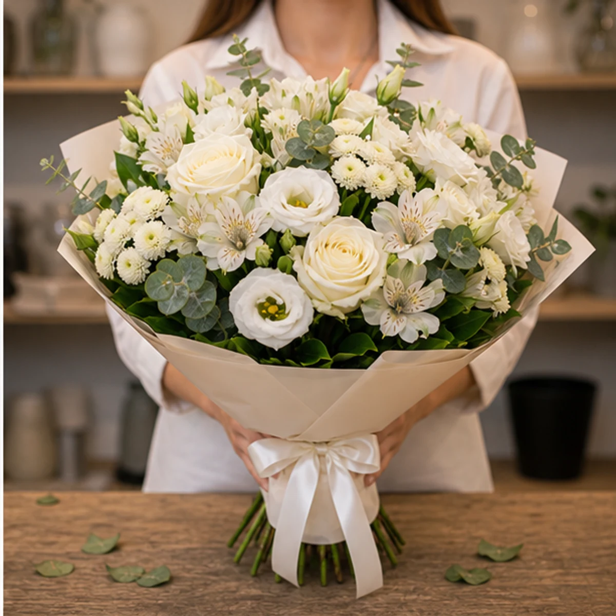 Buchet de flori speciale elegant cu trandafiri albi - poza 2