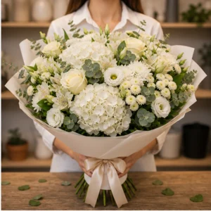 Buchet de flori speciale grandios alb crem cu trandafiri - poza 2