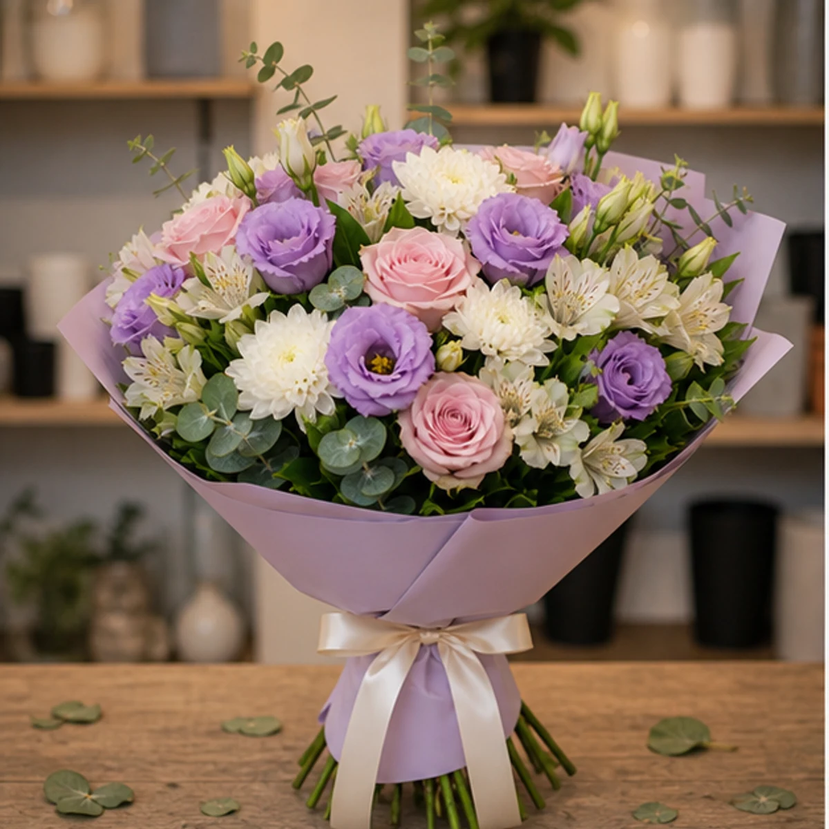 Buchet de flori speciale lila cu lisianthus si trandafiri - poza 1