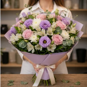 Buchet de flori speciale lila cu lisianthus si trandafiri - poza 2