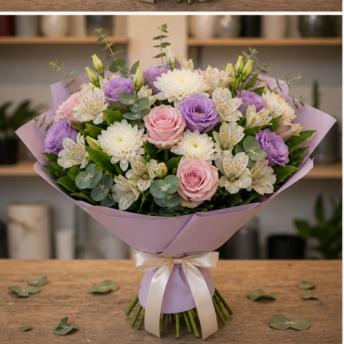 Buchet de flori speciale lila cu lisianthus si trandafiri - poza 3