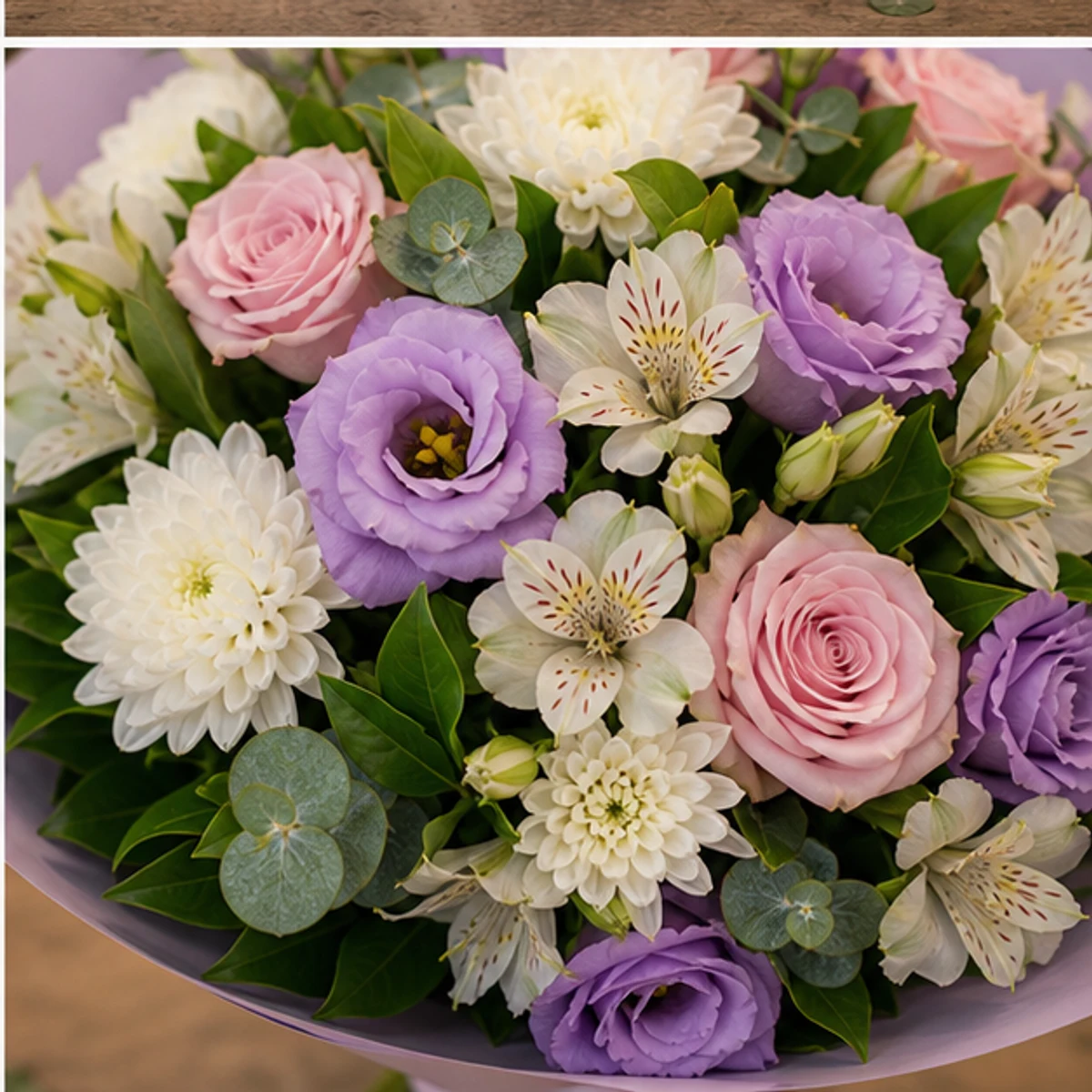 Buchet de flori speciale lila cu lisianthus si trandafiri - poza 4