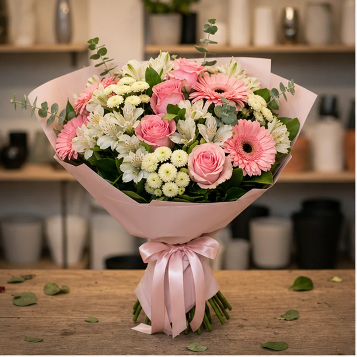 Buchet de flori speciale pastel cu gerbera si alstroemeria - poza 1
