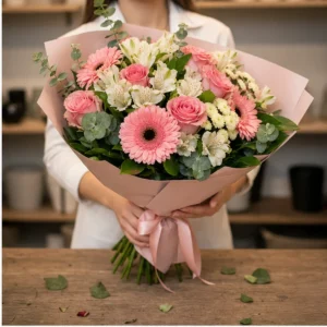 Buchet de flori speciale pastel cu gerbera si alstroemeria - poza 2