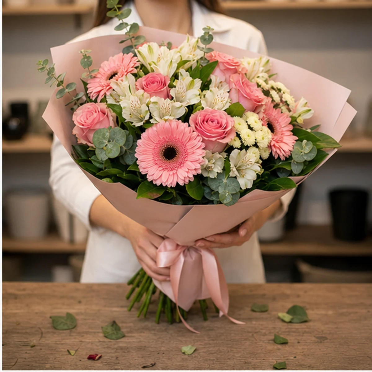 Buchet de flori speciale pastel cu gerbera si alstroemeria - poza 2