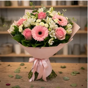 Buchet de flori speciale pastel cu gerbera si alstroemeria - poza 3