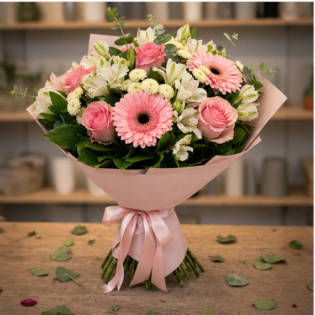Buchet de flori speciale pastel cu gerbera si alstroemeria - poza 3