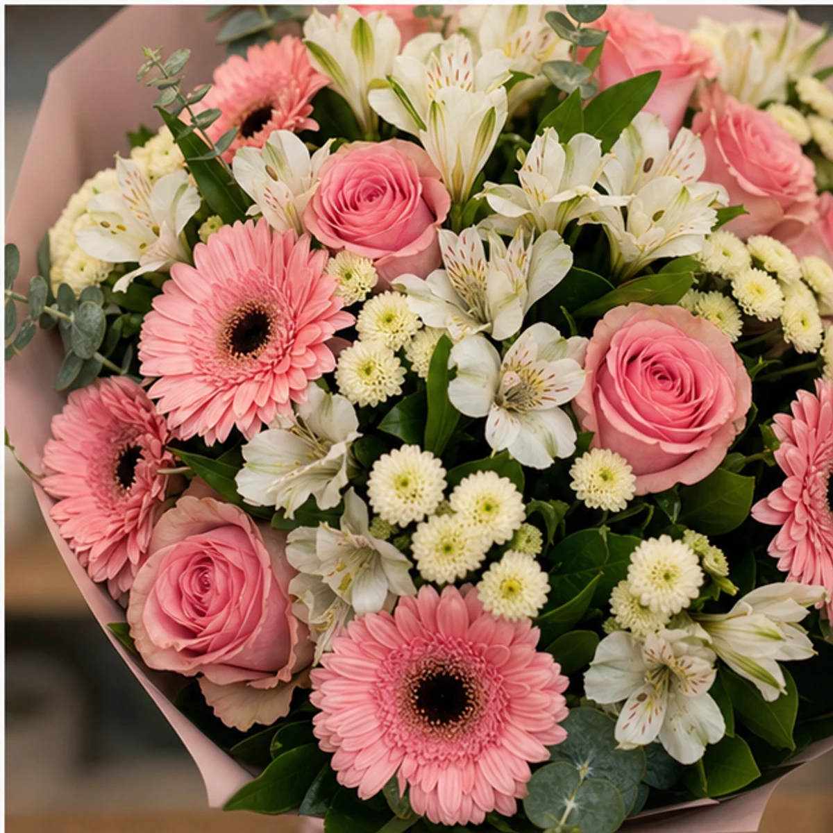 Buchet de flori speciale pastel cu gerbera si alstroemeria - poza 4