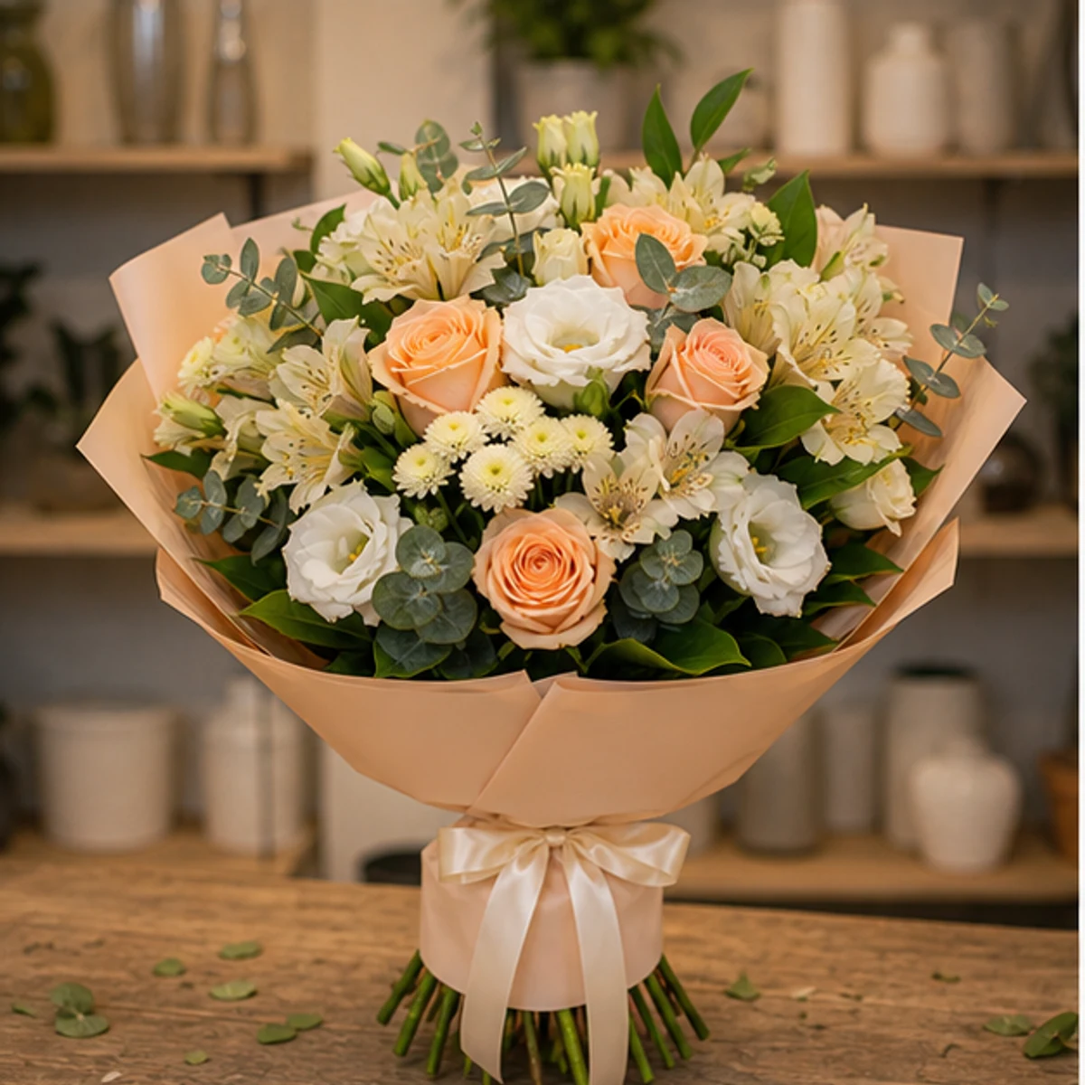 Buchet de flori speciale piersica cu trandafiri si alstroemeria - poza 1