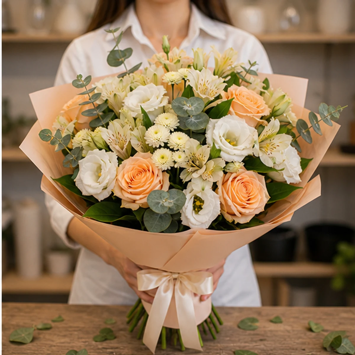 Buchet de flori speciale piersica cu trandafiri si alstroemeria - poza 2