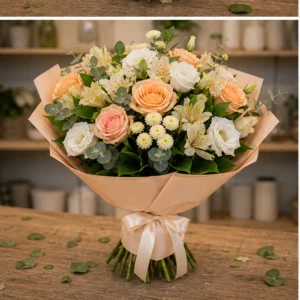 Buchet de flori speciale piersica cu trandafiri si alstroemeria - poza 3