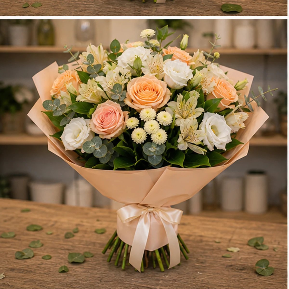 Buchet de flori speciale piersica cu trandafiri si alstroemeria - poza 3