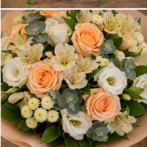 Buchet de flori speciale piersica cu trandafiri si alstroemeria - poza 4