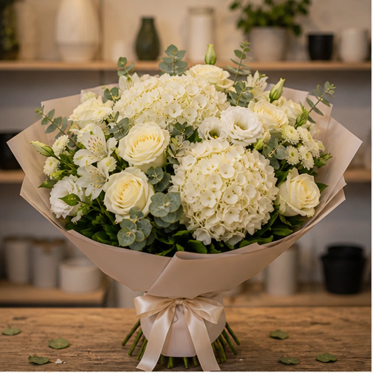 Buchet de flori speciale premium crem cu hortensie si trandafiri - poza 1