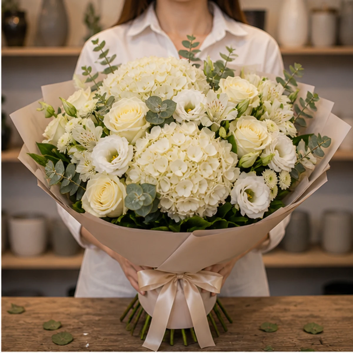 Buchet de flori speciale premium crem cu hortensie si trandafiri - poza 2