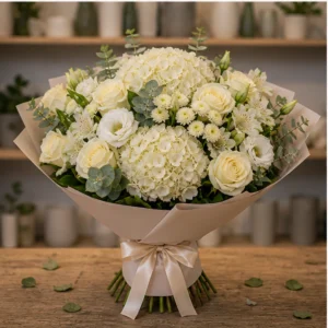 Buchet de flori speciale premium crem cu hortensie si trandafiri - poza 3