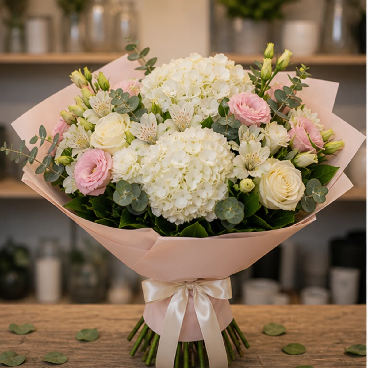 Buchet de flori speciale premium pastel cu hortensie alba - poza 1