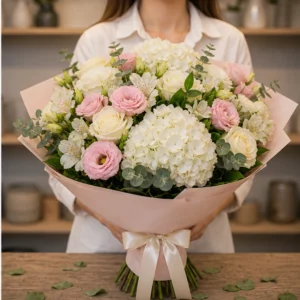 Buchet de flori speciale premium pastel cu hortensie alba - poza 2