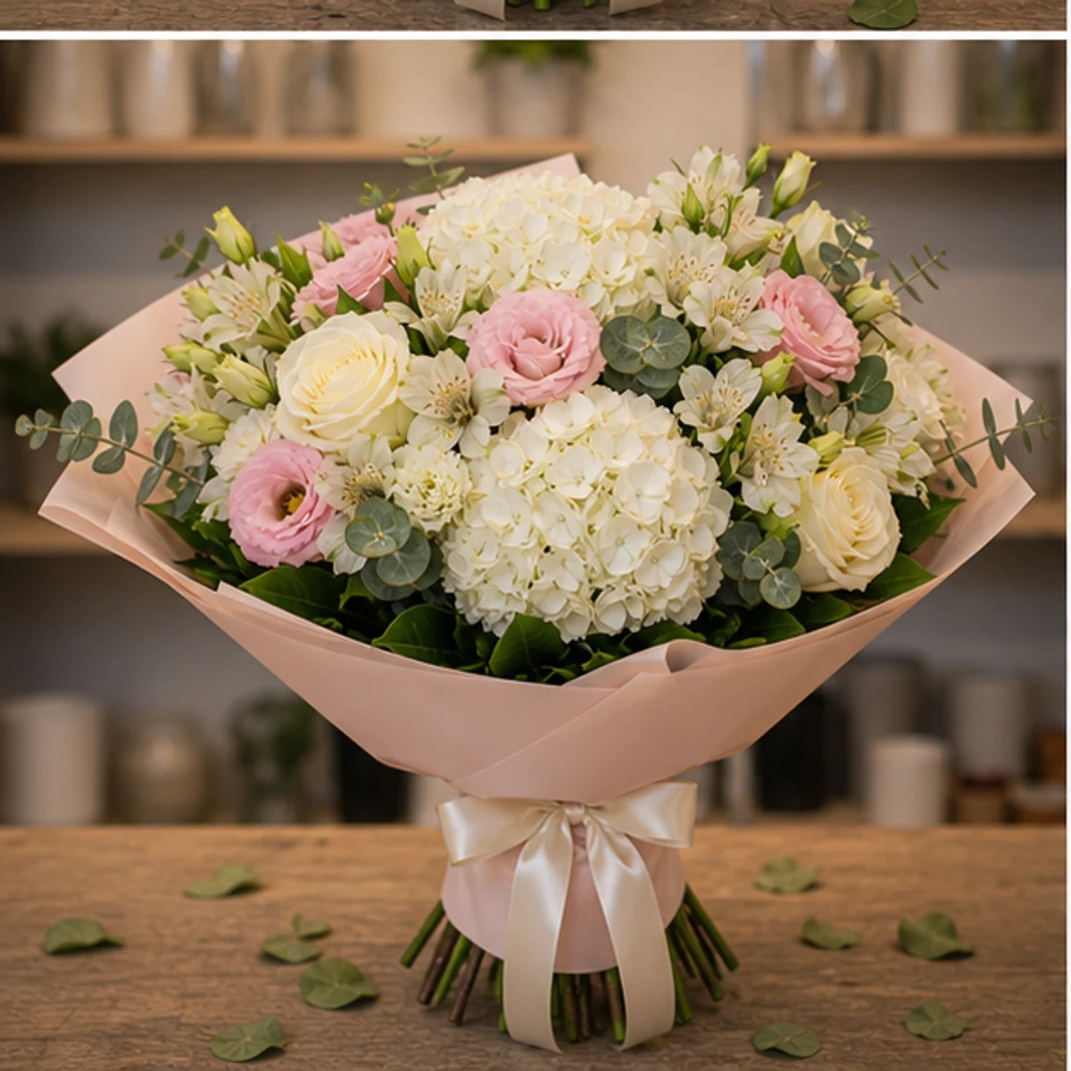 Buchet de flori speciale premium pastel cu hortensie alba - poza 3