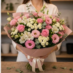 Buchet de flori speciale roz cu lisianthus si santini - poza 2