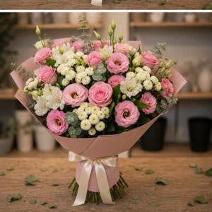 Buchet de flori speciale roz cu lisianthus si santini - poza 3
