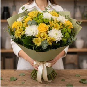 Buchet de flori speciale vesel cu trandafiri galbeni - poza 2