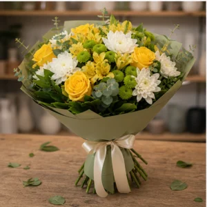 Buchet de flori speciale vesel cu trandafiri galbeni - poza 3