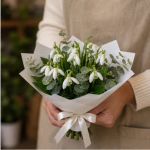Buchet de ghiocei alb verde cu eucalipt - poza 2