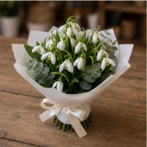 Buchet de ghiocei alb verde cu eucalipt - poza 3