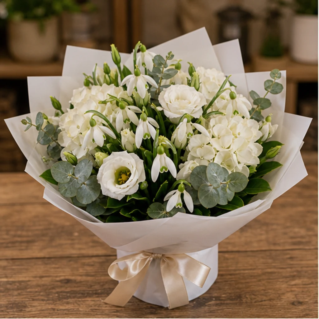 Buchet de ghiocei de lux alb cu hortensie si lisianthus - poza 1