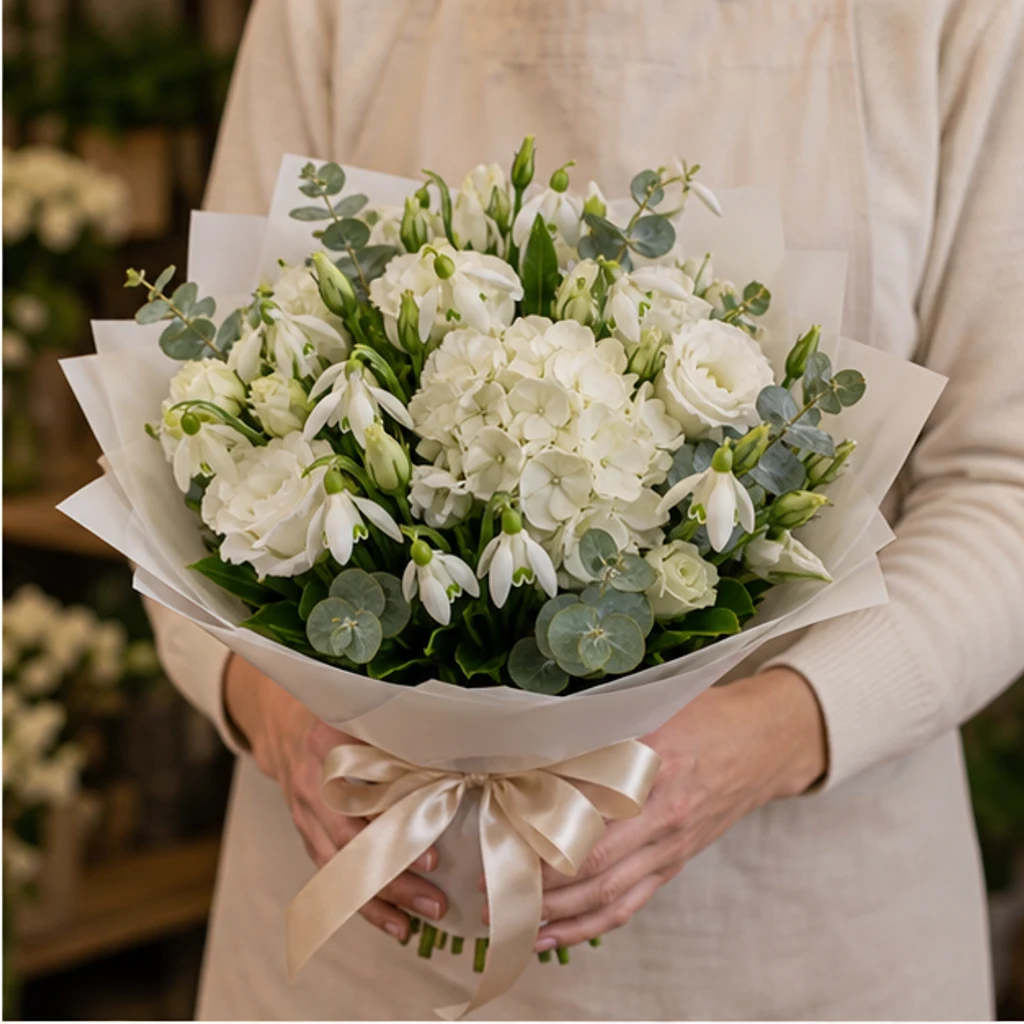 Buchet de ghiocei de lux alb cu hortensie si lisianthus - poza 2