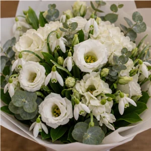 Buchet de ghiocei de lux alb cu hortensie si lisianthus - poza 4