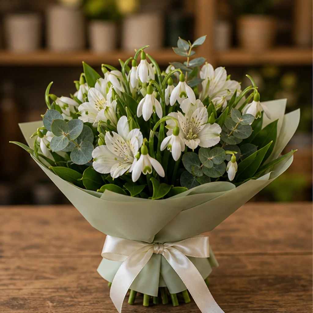 Buchet de ghiocei delicat cu alstroemeria alba - poza 1