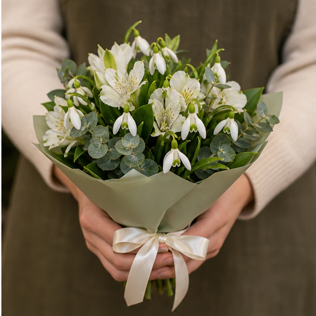 Buchet de ghiocei delicat cu alstroemeria alba - poza 2