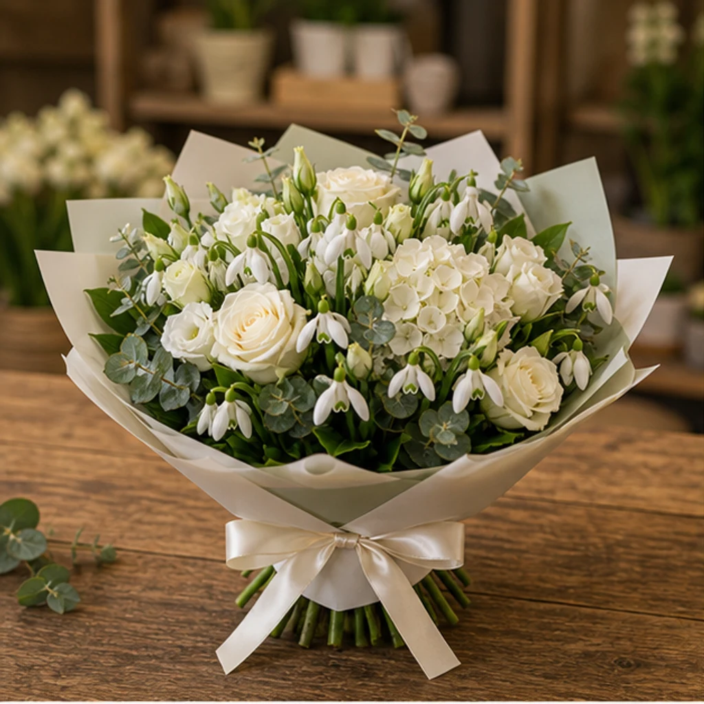 Buchet de ghiocei grandios cu hortensie si trandafiri albi - poza 1