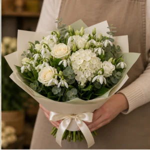 Buchet de ghiocei grandios cu hortensie si trandafiri albi - poza 2